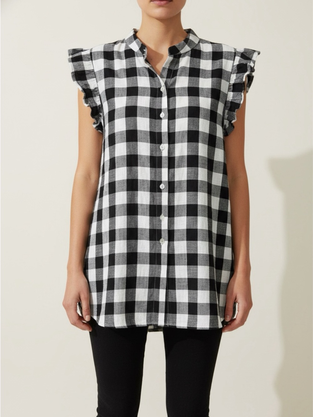 Black & White Gingham Ruffle-Sleeve Button Front Top